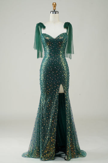 Brillante verde oscuro sirena lentejuelas largo vestido de graduación con hendidura